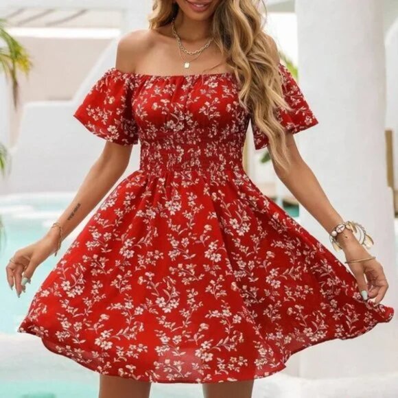 BEAUTY Floral Print Mini Dress RED - Picture 1 of 8